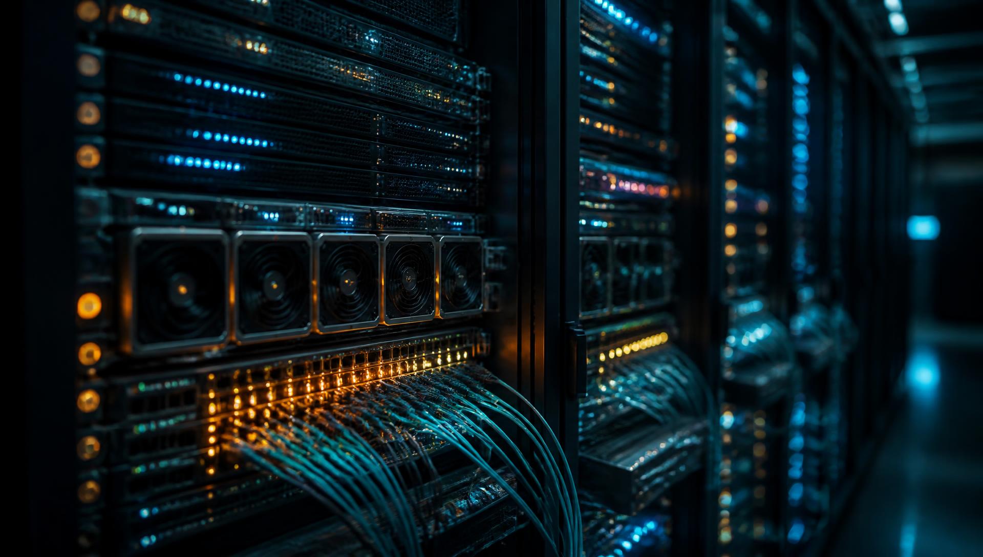 Compute Power Built for the Enterprise — Data hall: rack servers, GPU accelerators and fibre-patched switches.